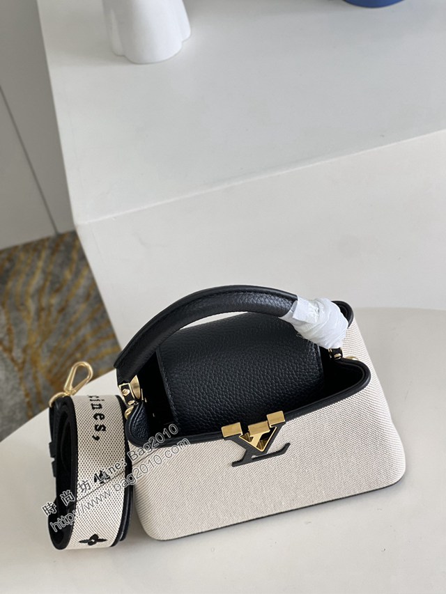 LV專櫃2023新款Capucines迷你手袋 M48865黑拼帆布刺繡 路易威登Capucines搭蓋手提肩背女包 dn1125